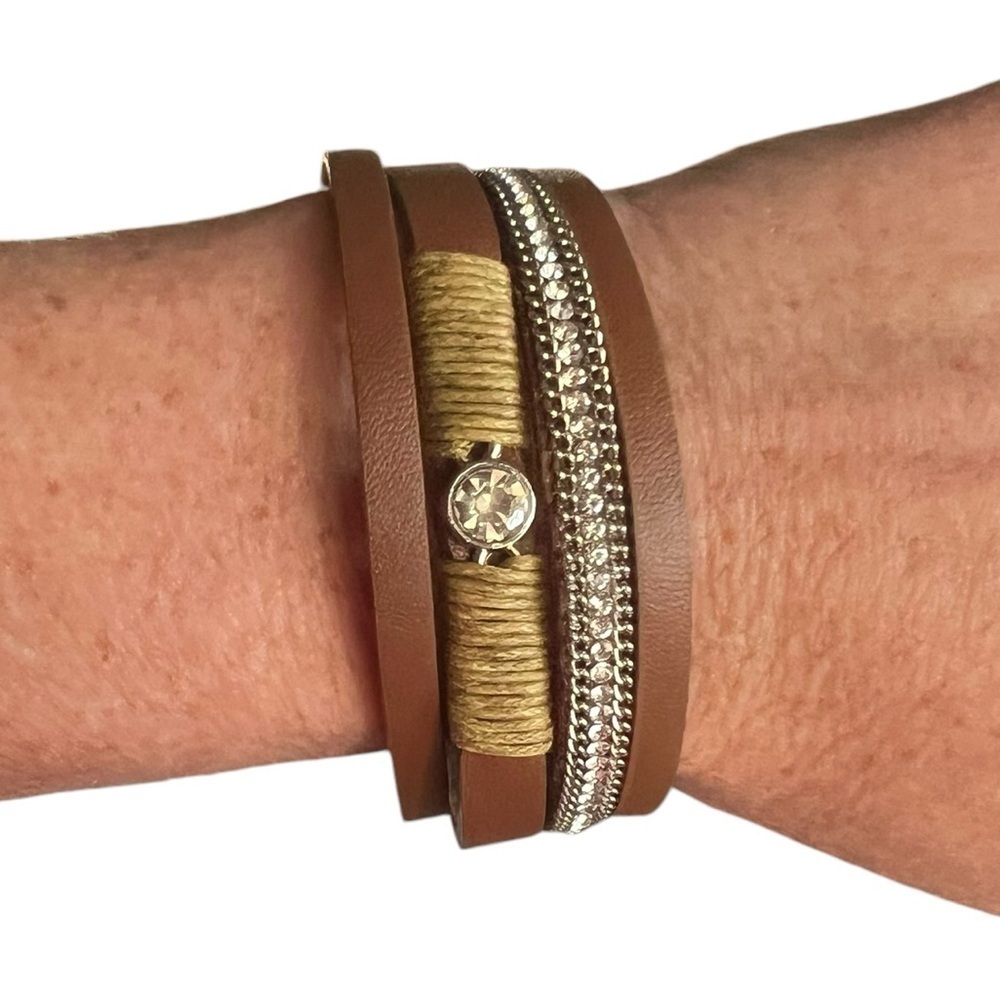 Brown Leather Wrap Bracelet with Crystal Accent